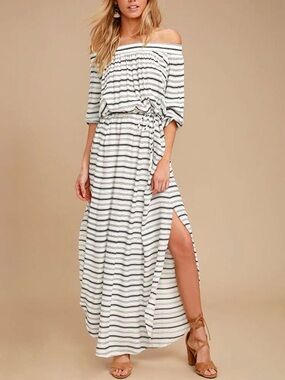 Faithfull the Brand Rae Maxi Dress White Black Stripe Off Shoulder XS NWT